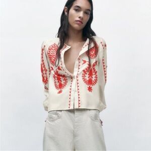 Zara Button Down Linen-Blend White Blouse with Embroidery